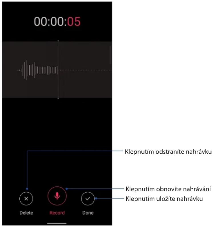 00:00:05 Klepnutím odstraníte nahrávku Klepnutím obnovíte nahrávání Klepnutím uložíte nahrávku Delete Record Done