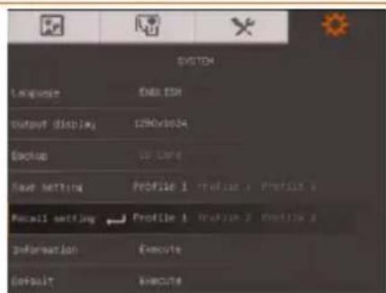 SYSTEM Language: DNA ETR Output Display: CDKv6024 Backup: 10 Litter Raw Netting: Profile 1 profile 2 profile 3 Recall setting: Profile 1 profile 2 profile 3 Information: Execute Default: Execute