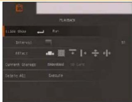 PLAYBACK slide show Run Interval Effect Current Storage Showload 00 CARS Delete ALL Execute