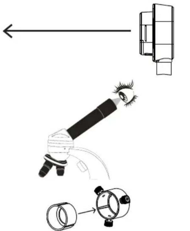 Diagram illustrating a mechanical device with an eye and a separate cylindrical component, showing directional flow and assembly.