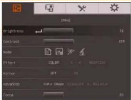 DRANGE Brightness 11 Contrast 128 Mode Effect COLOR 0 - 4 MODERN Mirror GPT 0 Advancedness Auto Image closure = balance Focus 85