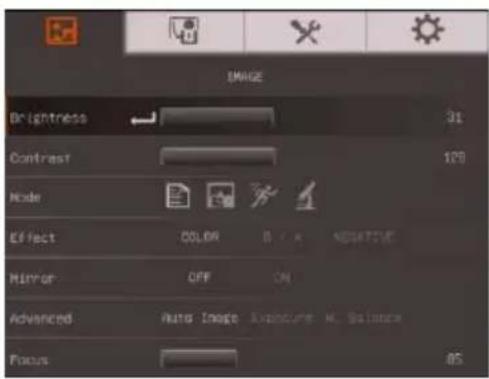 IMAGE Brightness 31 Contrast 120 Node Effect COLOR B / A NEGATIVE Mirror OFF ON Advanced Auto Image Exposure & Balance Focus 85