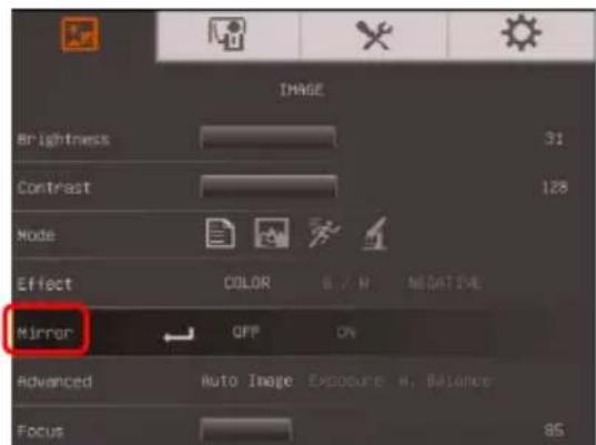 IMAGE Brightness 31 Contrast 128 Node Effect COLOR B / N NEGATIVE Mirror OFF ON Advanced Auto Image Exposure H. Balance Focus 85