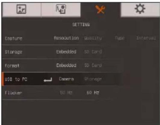 SETTINGS Capture Resolution Quality Type Interval Storage Embedded 50 Card Format Embedded 50 Card USB to PC Camera Storage Flicker 50 Hz 60 Hz