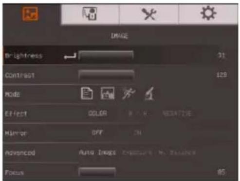 DRIVE Brightness Contrast Mode Effect COLOR Mirror OFF Advanced Auto Images Focus 31 128 85