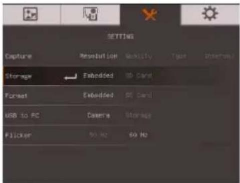 SETTING Capture Resolution Modality Tape Interface Storage Embedded 3D Card Format Embedded 50 Card USB to PC Camera Storage Flicker 90 Hz 60 Hz