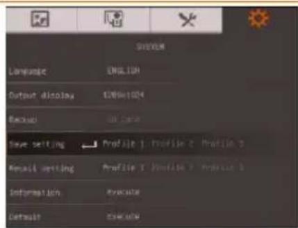 SVEEM Language ENGLISH Output display COMATO Backout All cases Base setting Profile 1 Profile 2 Profile 3 Mail setting Profile 1 Profile 2 Profile 3 Information Execute Default Execute