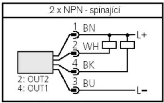 2 x NPN - spínající 1 BN 2 WH 4 BK 3 BU 2: OUT2 4: OUT1 L+ L-
