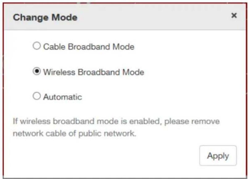 Change Mode ○ Cable Broadband Mode ● Wireless Broadband Mode ○ Automatic If wireless broadband mode is enabled, please remove network cable of public network. Apply