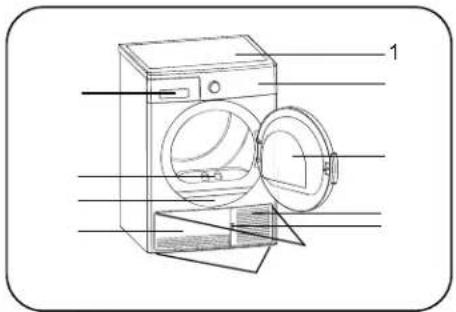 Diagram of a washing machine with labeled parts, showing internal components and open lid.