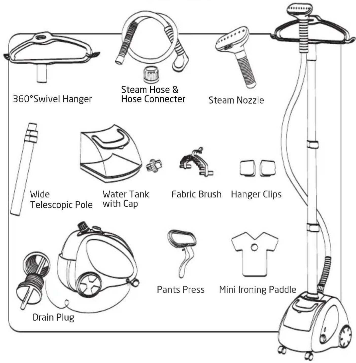 360°Swivel Hanger Steam Hose & Hose Connector Steam Nozzle Wide Telescopic Pole Water Tank with Cap Fabric Brush Hanger Clips Drain Plug Pants Press Mini Ironing Paddle