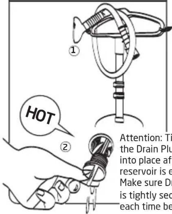 HOT Attention: Ti the Drain Plu into place af reservoir is e Make sure Dr is tightly sec each time be