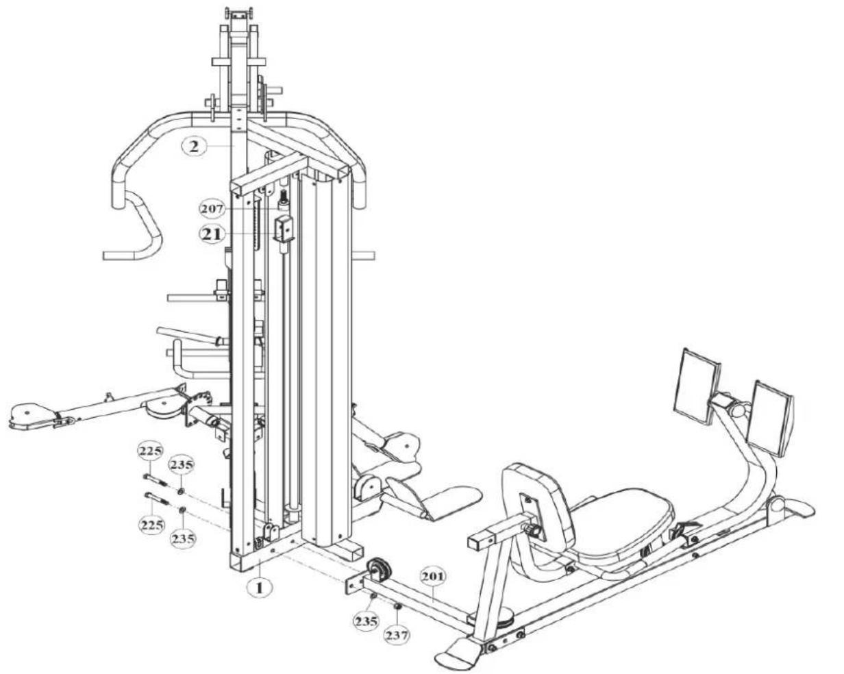 Technical diagram of a stationary exercise machine with numbered components and labeled parts
