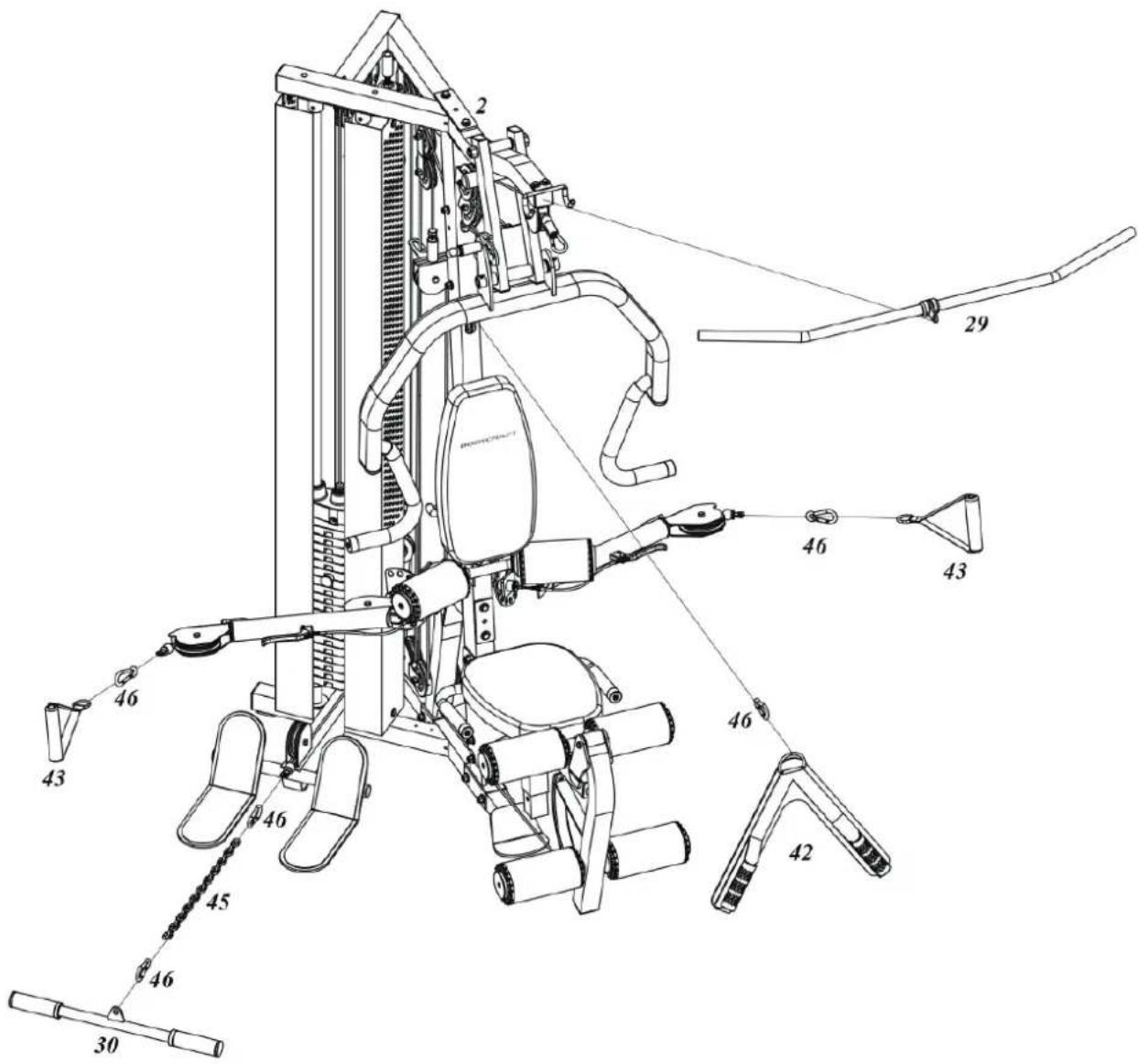 Technical diagram of a weightlifting machine with numbered components and labeled arm positions