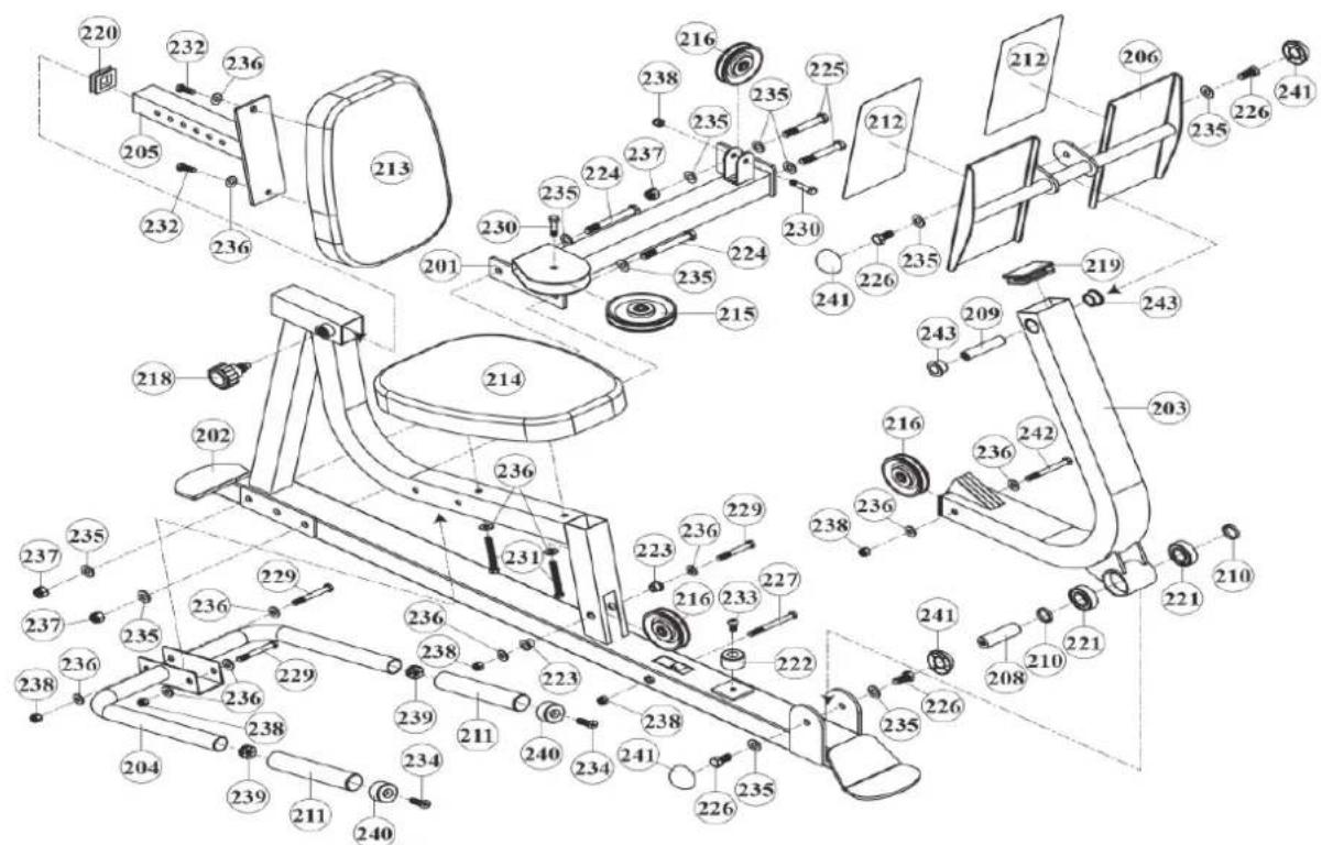 Technical diagram of a stationary exercise machine with numbered components and labeled parts