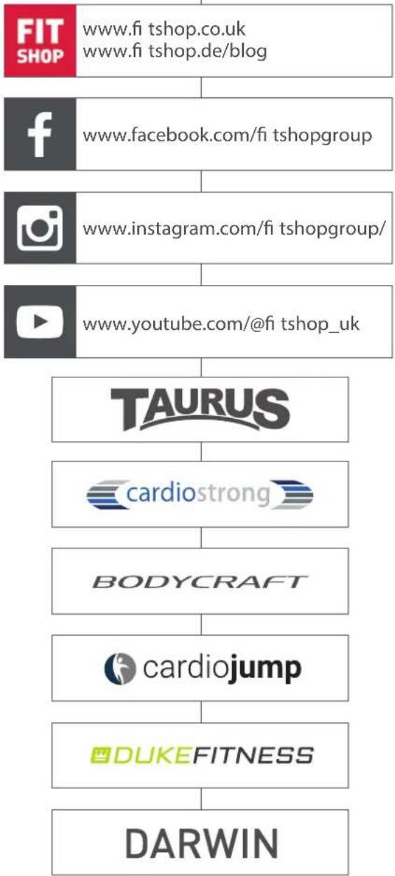 graph TD A["FIT SHOP"] --> B["www.fi tshop.co.uk\nwww.fi tshop.de/blog"] C["f"] --> D["www.facebook.com/fi tshopgroup"] E["Instagram"] --> F["www.instagram.com/fi tshopgroup/"] G["YouTube"] --> H["www.youtube.com/@fi tshop_uk"] I["TAURUS"] --> J["cardiostrong"] K["BODYCRAFT"] --> L["cardiojump"] M["…