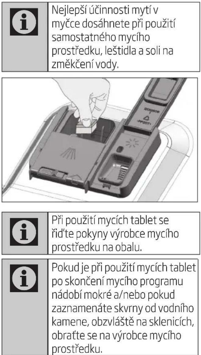 Nejlepší účinnosti mytí v myče dosáhnete při použití samostatného mycího prostředku, leštídla a soli na změkčení vody.
