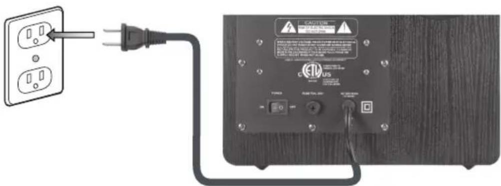 Diagram showing a power outlet connected to an electronic device with warning labels and control buttons