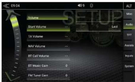 09:04 Volume Start Volume TA Volume NAV Volume BT Call Volume BT Music Gain FM Tuner Gain ALT Misc Audio TFT Assists Inputs System