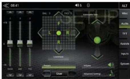 08:41 BAL 0 FAD 0 Subwoofer size F L R R Usefulness Balance ME THE Reserve Volume User Advanced Settings ALT Music Audio TFT Assists Inputs System