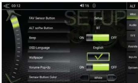 00:12 FAV Sensor Button ALT softw Button Beep OSD Language Wallpaper Volume Pop-Up Sensor Button Color Setup BT ON OFF English ON OFF White ALT Miss Audio TFT Assists Inputs System