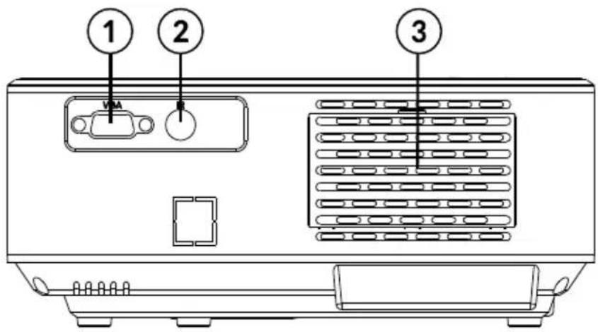 Diagram of a computer monitor rear panel with labeled ports and internal components