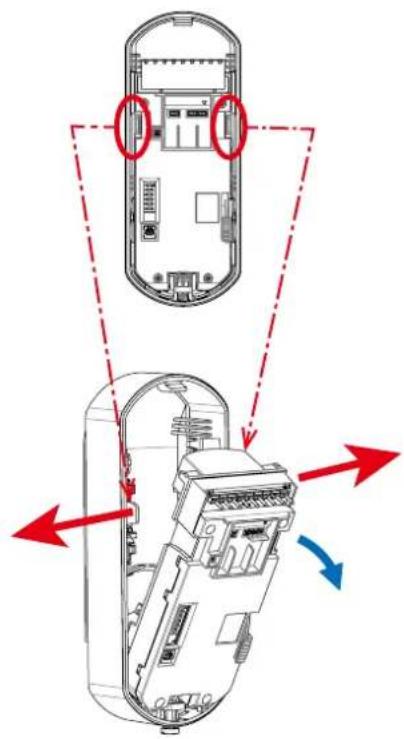 Diagram showing internal components of a remote control device with red arrows indicating directional flow or movement.