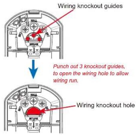 Wiring knockout guides Punch out 3 knockout guides, to open the wiring hole to allow wiring run. Wiring knockout hole