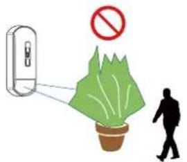 Safety warning illustration showing a device emitting a green leaf to a person walking away, with a no-smoking symbol above.