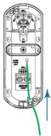 Diagram of a device rear panel with labeled ports and wiring, showing internal components and directional arrows.