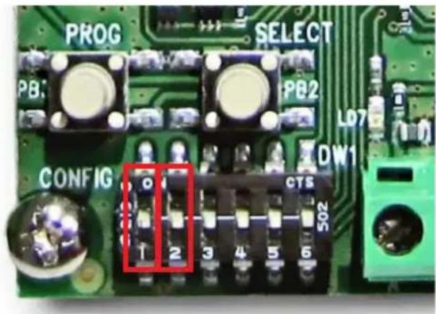 PROG SELECT PB: PB2 LD7 CONFIG DW1 CTS 502 1 2 3 4 5 6