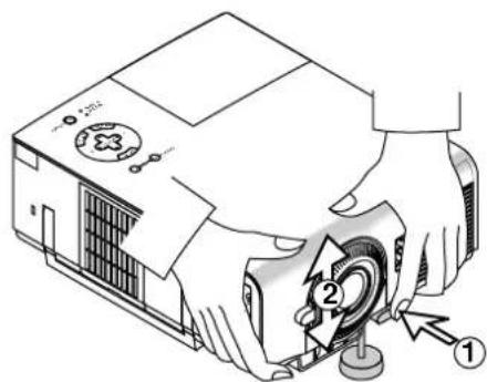 Diagram of a computer monitor with labeled parts and a hand operating the button, showing mechanical components and control buttons.