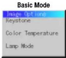 Basic Mode Image Options Keystone Color Temperature Lamp Mode