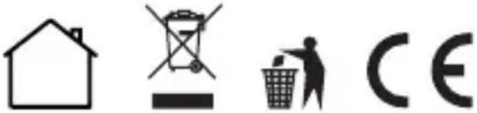 Image containing four symbols: a house, a trash bin with cross, a person in a basket, and a partial 'CE' text.