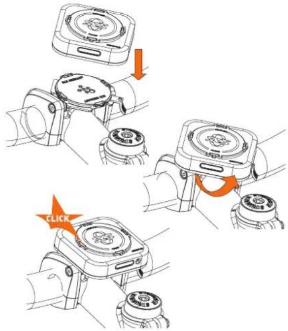 Diagram illustrating a device's step-by-step assembly with labeled arrows and a 'CLICK' button indicating action.
