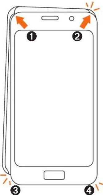 Diagram of a smartphone with four labeled parts and directional arrows indicating top, front, back, and side views.
