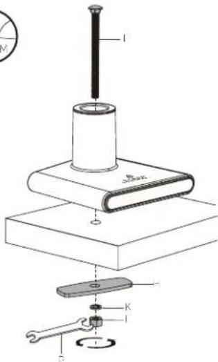 Technical diagram of a mechanical assembly with labeled parts including a knob, base, and wrench.