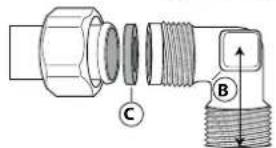 Technical diagram of a mechanical connector with labeled parts C and B, showing internal structure and directional arrows.