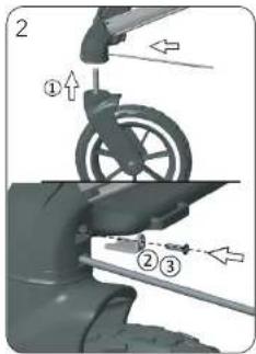 Technical diagram showing mechanical assembly steps with numbered annotations indicating components of a vehicle or device.