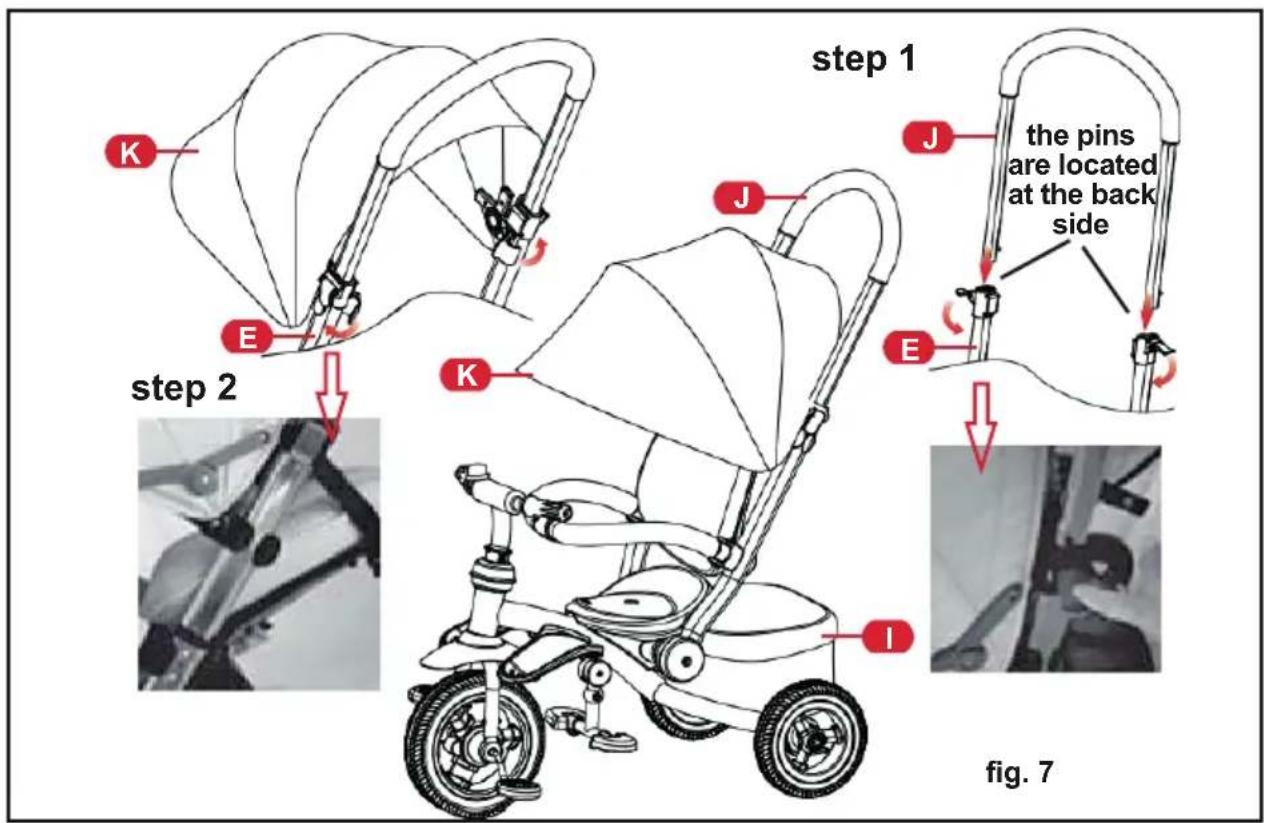 step 1 K E J the pins are located at the back side E I step 2 I fig. 7