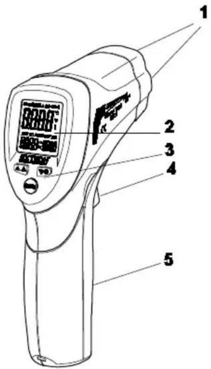 Diagram of a digital thermometer with labeled parts including LCD display, buttons, and pointer