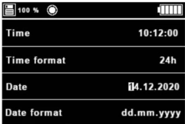100 % Time 10:12:00 Time format 24h Date [4.12.2020] Date format dd.mm.yyyy