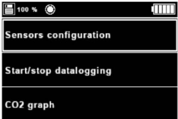 100 % Sensors configuration Start/stop datalogging CO2 graph