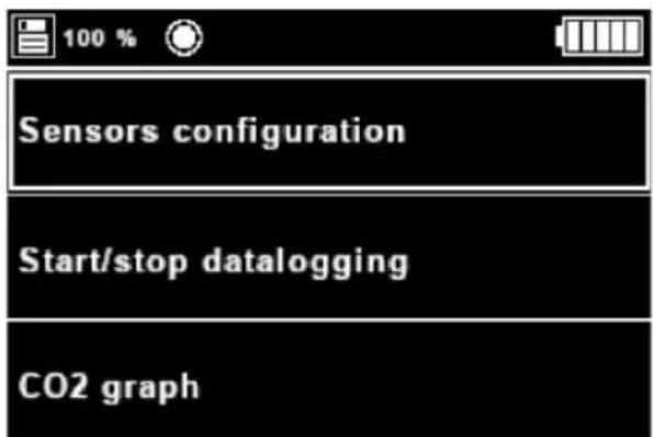 100 % Sensors configuration Start/stop datalogging CO2 graph