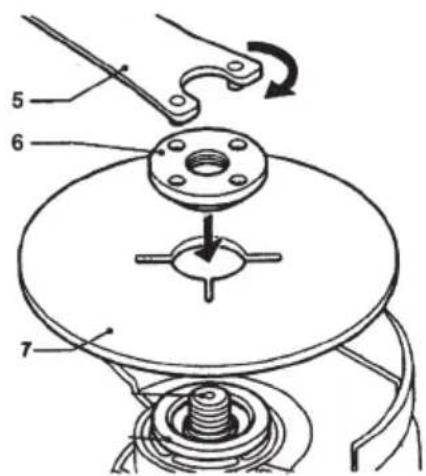 Technical diagram of a mechanical assembly with numbered parts and directional arrow indicating rotation or movement