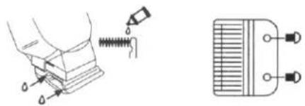 Technical diagram showing mechanical assembly with spring and pin, alongside a close-up of a finned component with three terminals.