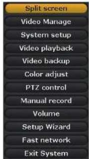 Split screen Video Manage System setup Video playback Video backup Color adjust PTZ control Manual record Volume Setup Wizard Fast network Exit System