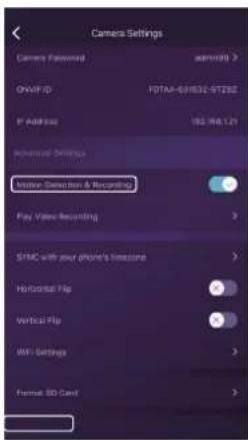 Camera Settings Camera Password azimuth > ONVP ID FOTAM-631832-ST292 IP Address 192.768.121 Outdoor Settings Monitor Detection & Receiving Play Video Recording SYNC with your phone's timescale Horizontal Flip × Vertical Flip × WiFi Settings >> Format: SD Card