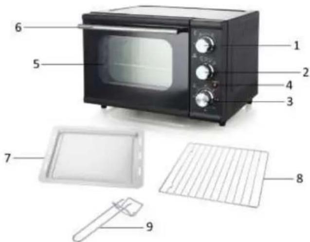 Labeled diagram of a microwave oven with numbered parts including front panel, grating, and kitchen pan