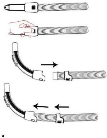 Diagram illustrating three-step assembly of a flexible hose with labeled parts and directional arrows indicating movement.